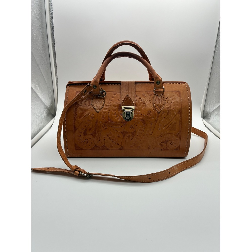 M R Canoa Hand Tooled Leather Doctors Bag Satchel Brown Floral Made in Paraguay